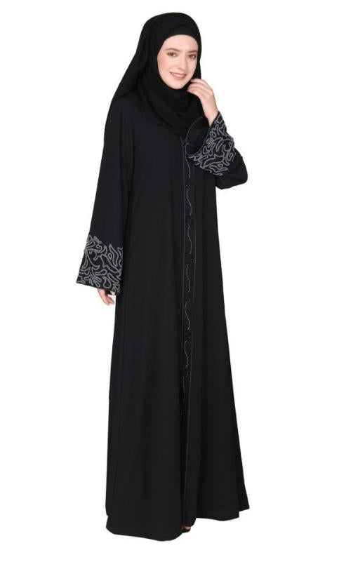 Premium Hand Embroidered Front Open Black Abaya With Gleaming Dual Seed Beads (Made-To-Order)