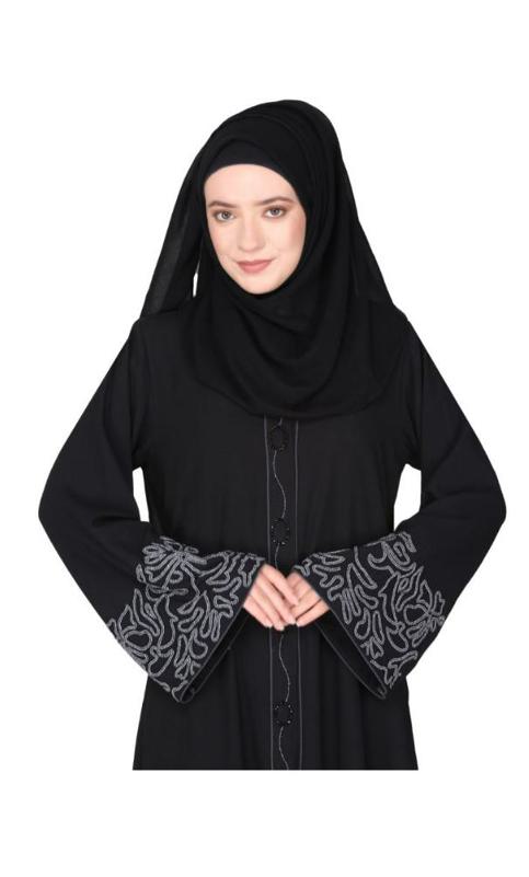 Premium Hand Embroidered Front Open Black Abaya With Gleaming Dual Seed Beads (Made-To-Order)