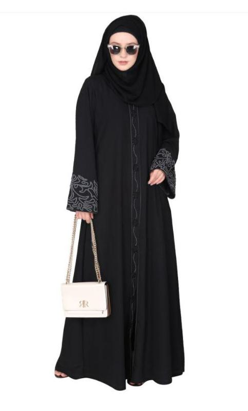 Premium Hand Embroidered Front Open Black Abaya With Gleaming Dual Seed Beads (Made-To-Order)