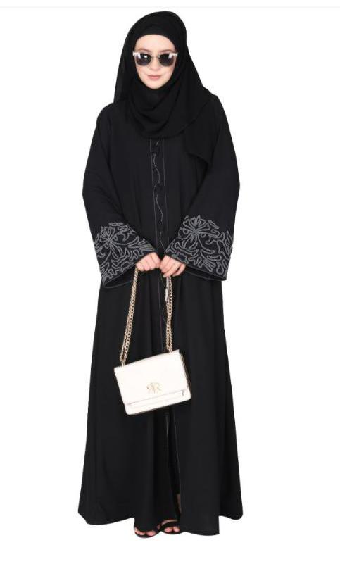 Premium Hand Embroidered Front Open Black Abaya With Gleaming Dual Seed Beads (Made-To-Order)