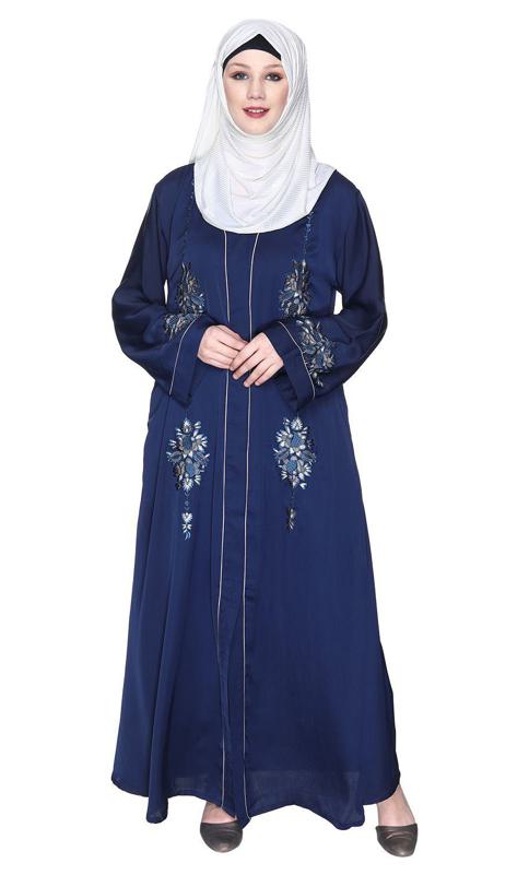Blue And White Dimensional Design Embroidered Abaya