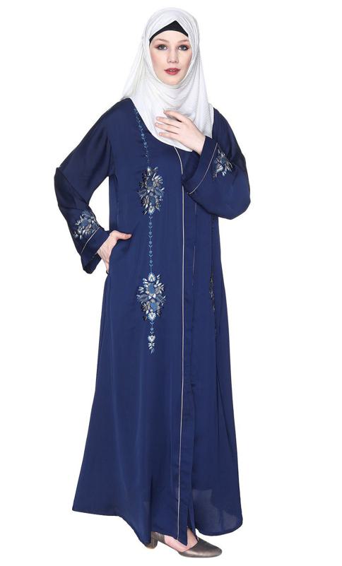 Blue And White Dimensional Design Embroidered Abaya