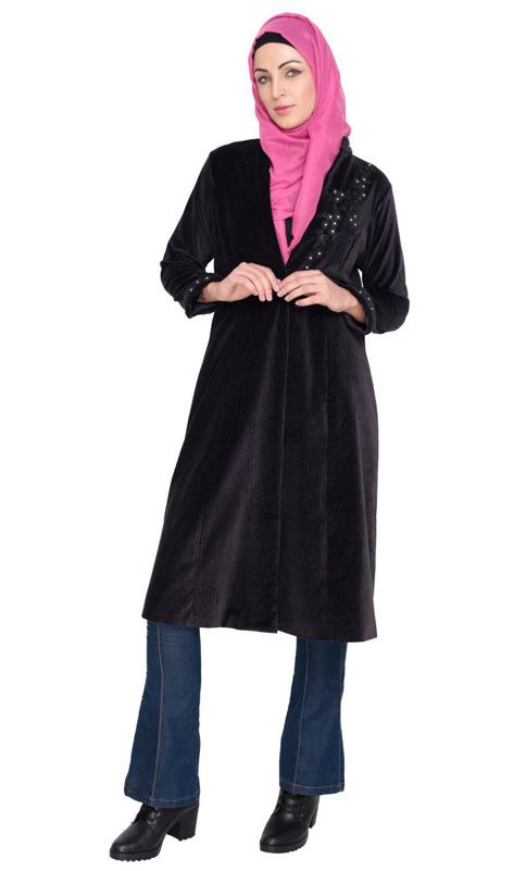 Purple Velvet Pearl Hand Embroidery Coat