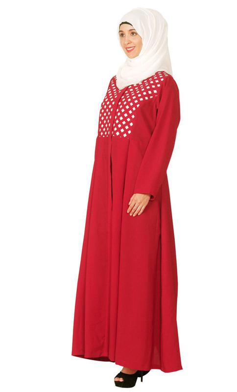Red Hand Crafted Checkered Yoke Abaya (Made-To-Order)