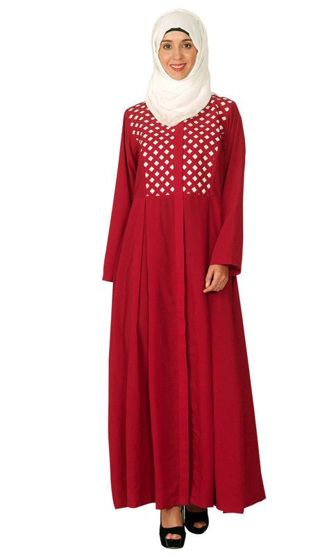 Red Hand Crafted Checkered Yoke Abaya (Made-To-Order)