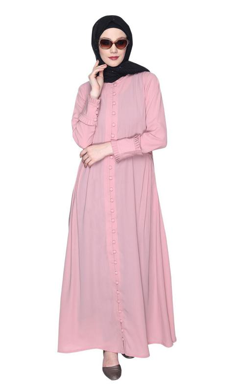 Refined Pink Button Down Abaya With Frill Cuffs