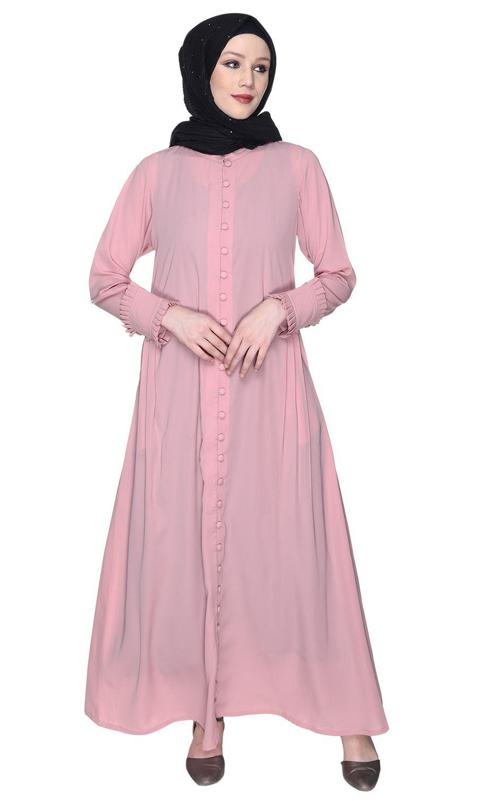 Refined Pink Button Down Abaya With Frill Cuffs