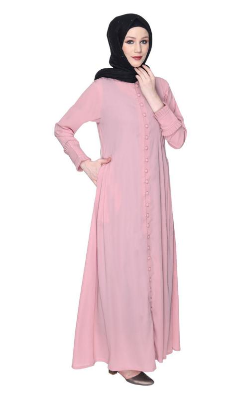 Refined Pink Button Down Abaya With Frill Cuffs