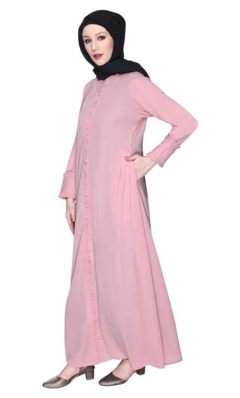 Refined Pink Button Down Abaya With Frill Cuffs