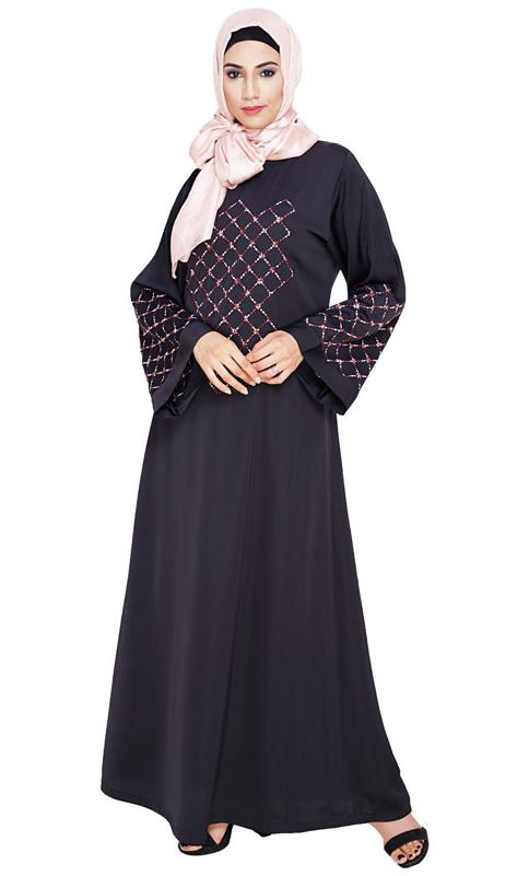 Resham Adorned Dark Grey Dubai Style Abaya