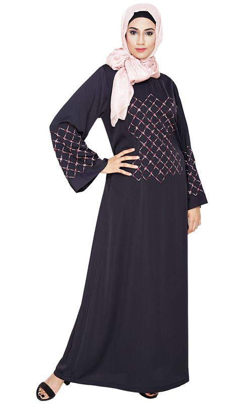 Resham Adorned Dark Grey Dubai Style Abaya