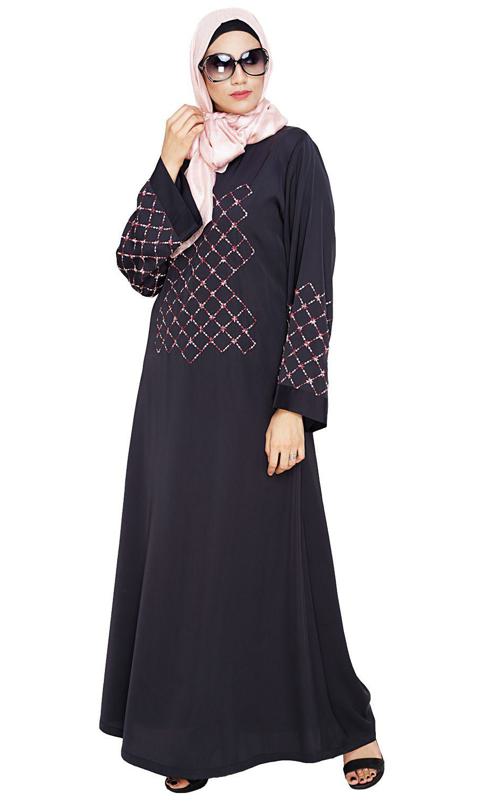 Resham Adorned Dark Grey Dubai Style Abaya