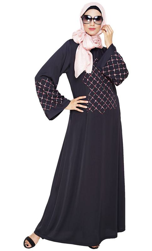 Resham Adorned Dark Grey Dubai Style Abaya