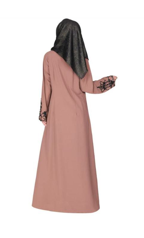 Rich Hand Embroidered Front Open Brown Abaya With Itricate Motif Of Glittering Black Beads