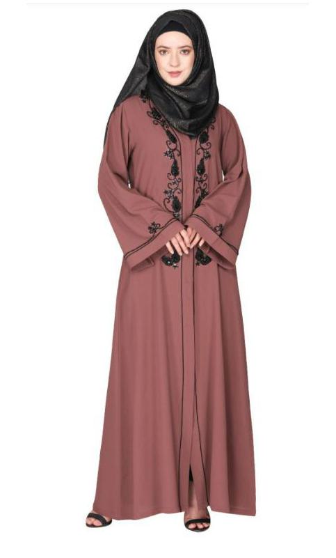 Scintillating Jet Black Beaded Embroidered Front Open Onion Pink Abaya