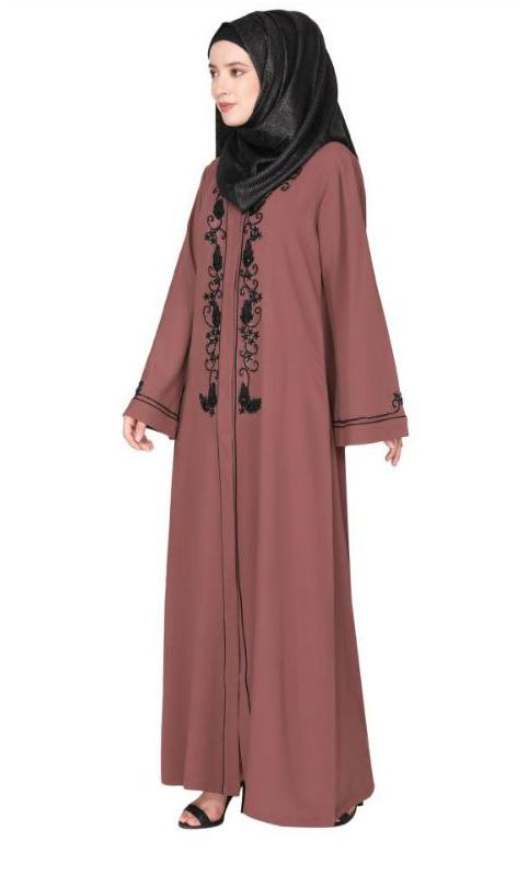 Scintillating Jet Black Beaded Embroidered Front Open Onion Pink Abaya