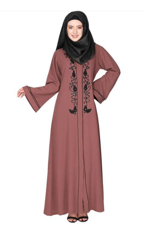 Scintillating Jet Black Beaded Embroidered Front Open Onion Pink Abaya