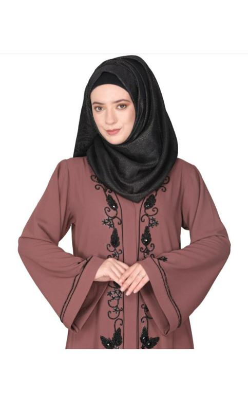 Scintillating Jet Black Beaded Embroidered Front Open Onion Pink Abaya