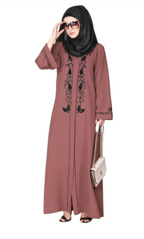 Scintillating Jet Black Beaded Embroidered Front Open Onion Pink Abaya