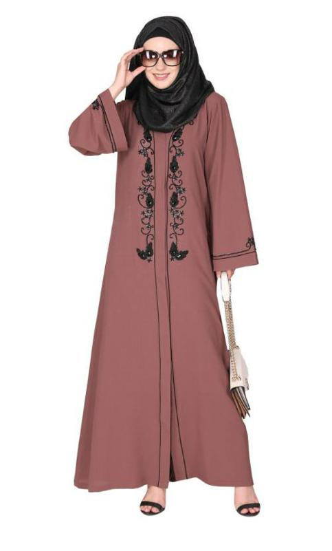 Scintillating Jet Black Beaded Embroidered Front Open Onion Pink Abaya