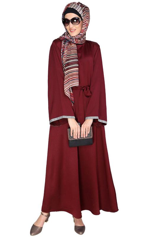 Shimmer Trimmed Wine Dubai Style Abaya