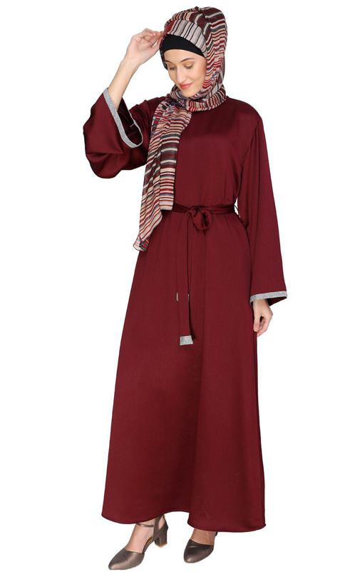 Shimmer Trimmed Wine Dubai Style Abaya
