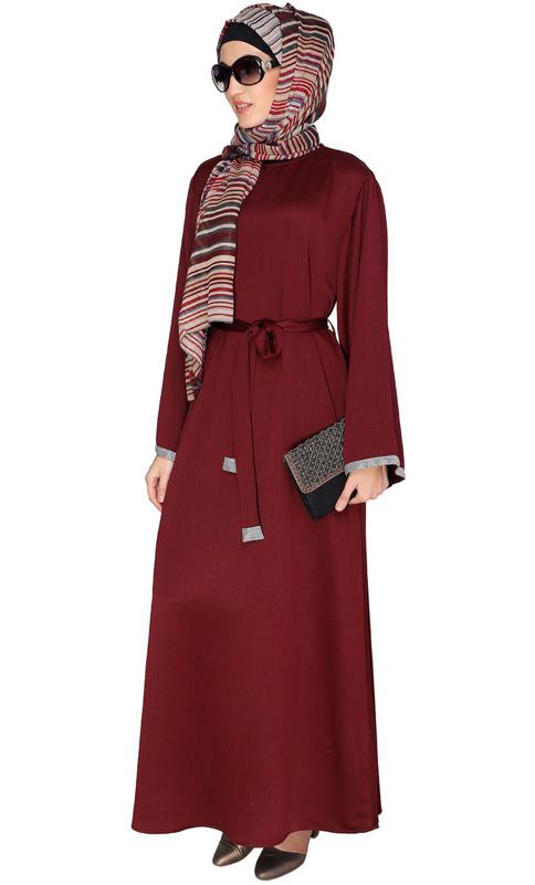 Shimmer Trimmed Wine Dubai Style Abaya