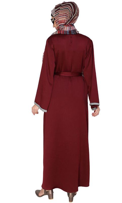 Shimmer Trimmed Wine Dubai Style Abaya