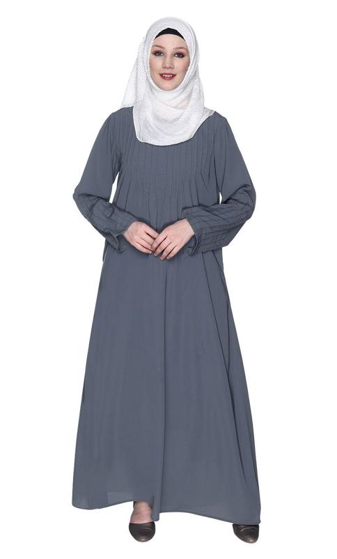 Sleek And Simple Grey Abaya With Pintuck Detailing (Made-To-Order)