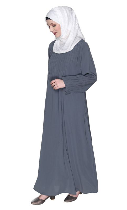 Sleek And Simple Grey Abaya With Pintuck Detailing (Made-To-Order)