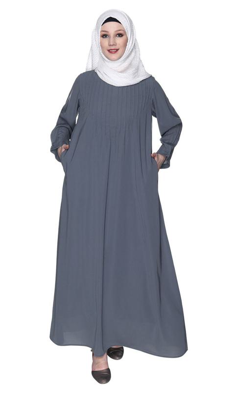 Sleek And Simple Grey Abaya With Pintuck Detailing (Made-To-Order)