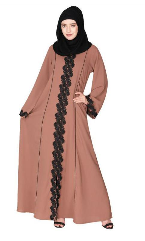 Sleek Princess Cut Flamboyant Dark Beige Laced Abaya