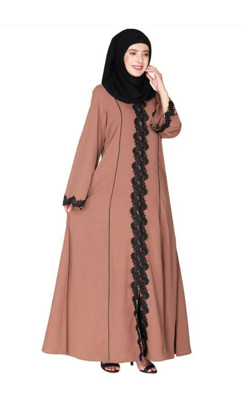 Sleek Princess Cut Flamboyant Dark Beige Laced Abaya