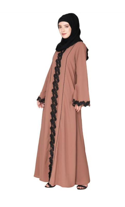 Sleek Princess Cut Flamboyant Dark Beige Laced Abaya