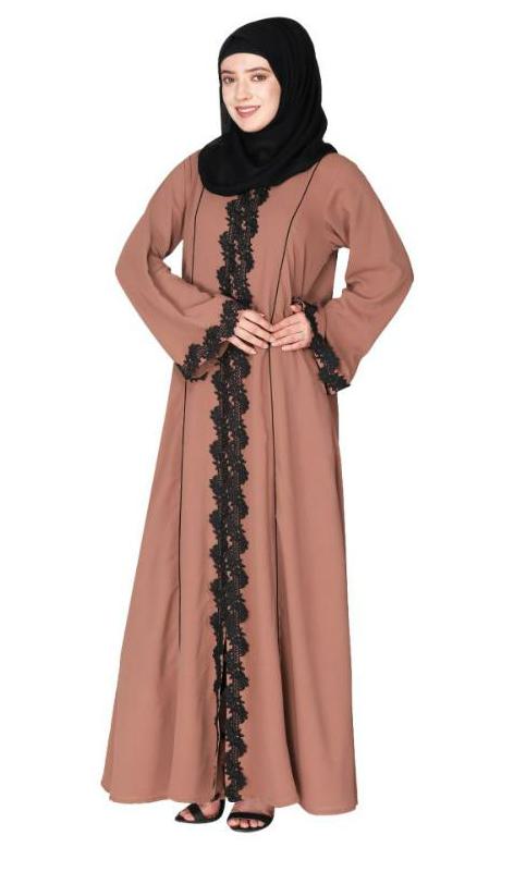 Sleek Princess Cut Flamboyant Dark Beige Laced Abaya