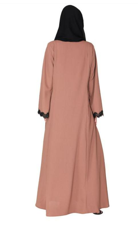 Sleek Princess Cut Flamboyant Dark Beige Laced Abaya