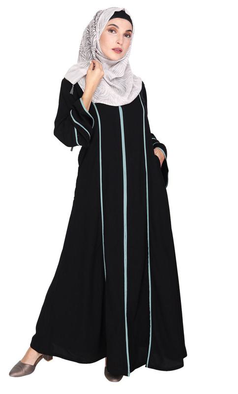Snazzy Black Abaya with Sage Green Piping Design
