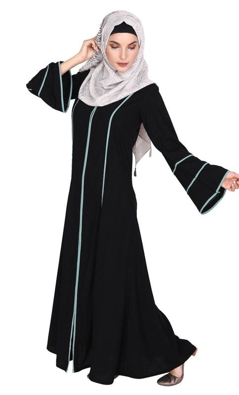 Snazzy Black Abaya with Sage Green Piping Design