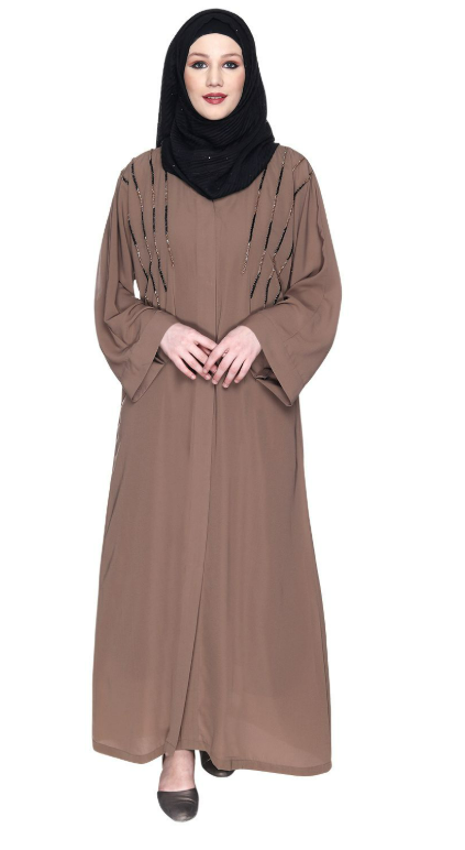 Spell-Binding Oak Brown Four Line Hand Embroidered Abaya
