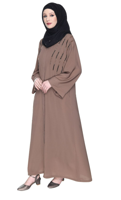 Spell-Binding Oak Brown Four Line Hand Embroidered Abaya