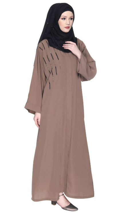 Spell-Binding Oak Brown Four Line Hand Embroidered Abaya