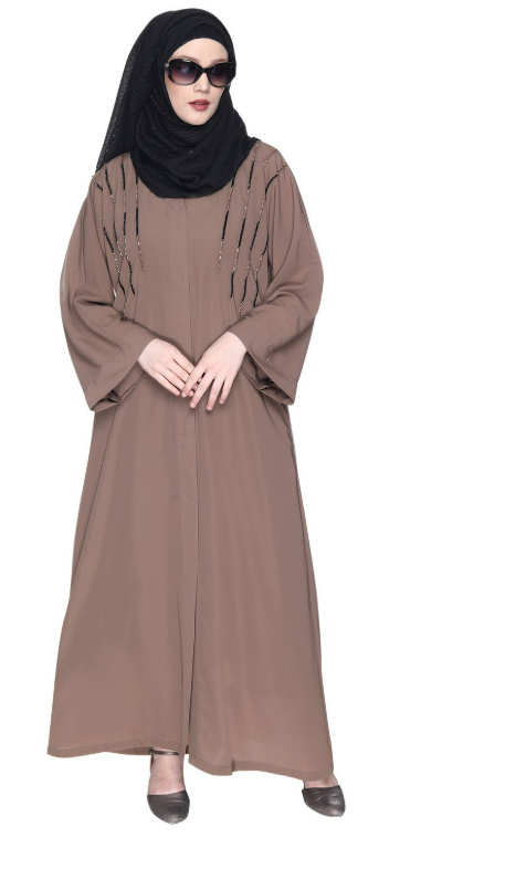 Spell-Binding Oak Brown Four Line Hand Embroidered Abaya