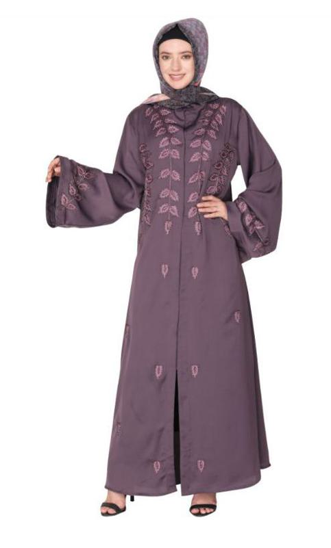 Stems and Leaves Heavy Embroidered Purple Dubai Style Abaya