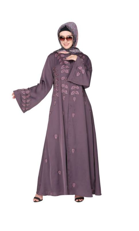 Stems and Leaves Heavy Embroidered Purple Dubai Style Abaya