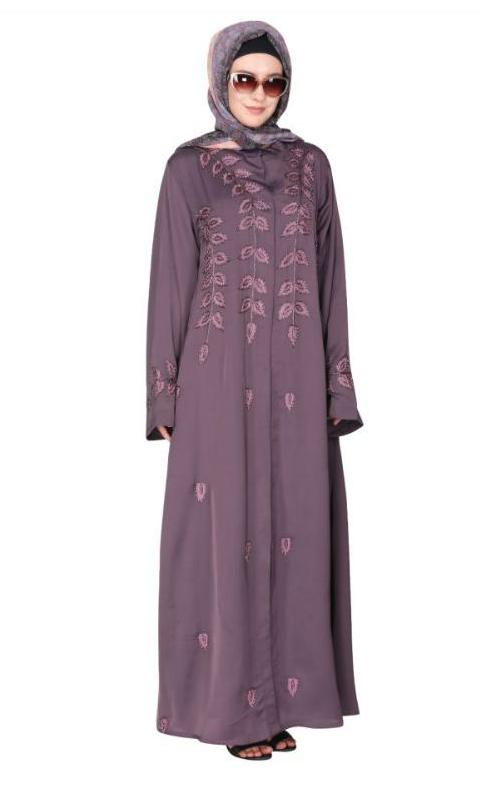 Stems and Leaves Heavy Embroidered Purple Dubai Style Abaya