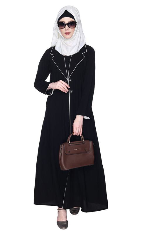 Stylish Black Coat Style Abaya With White Piping