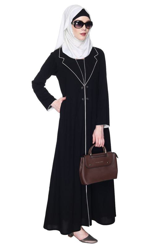 Stylish Black Coat Style Abaya With White Piping