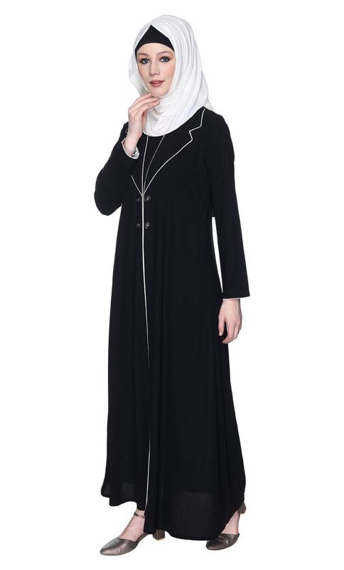 Stylish Black Coat Style Abaya With White Piping