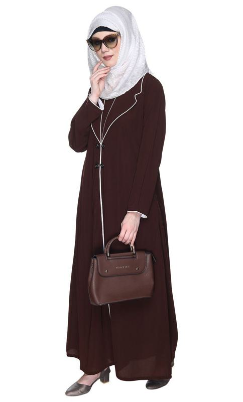 Stylish Brown Coat Style Abaya With White Piping