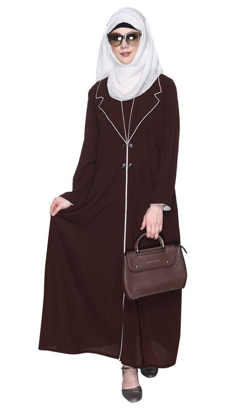 Stylish Brown Coat Style Abaya With White Piping